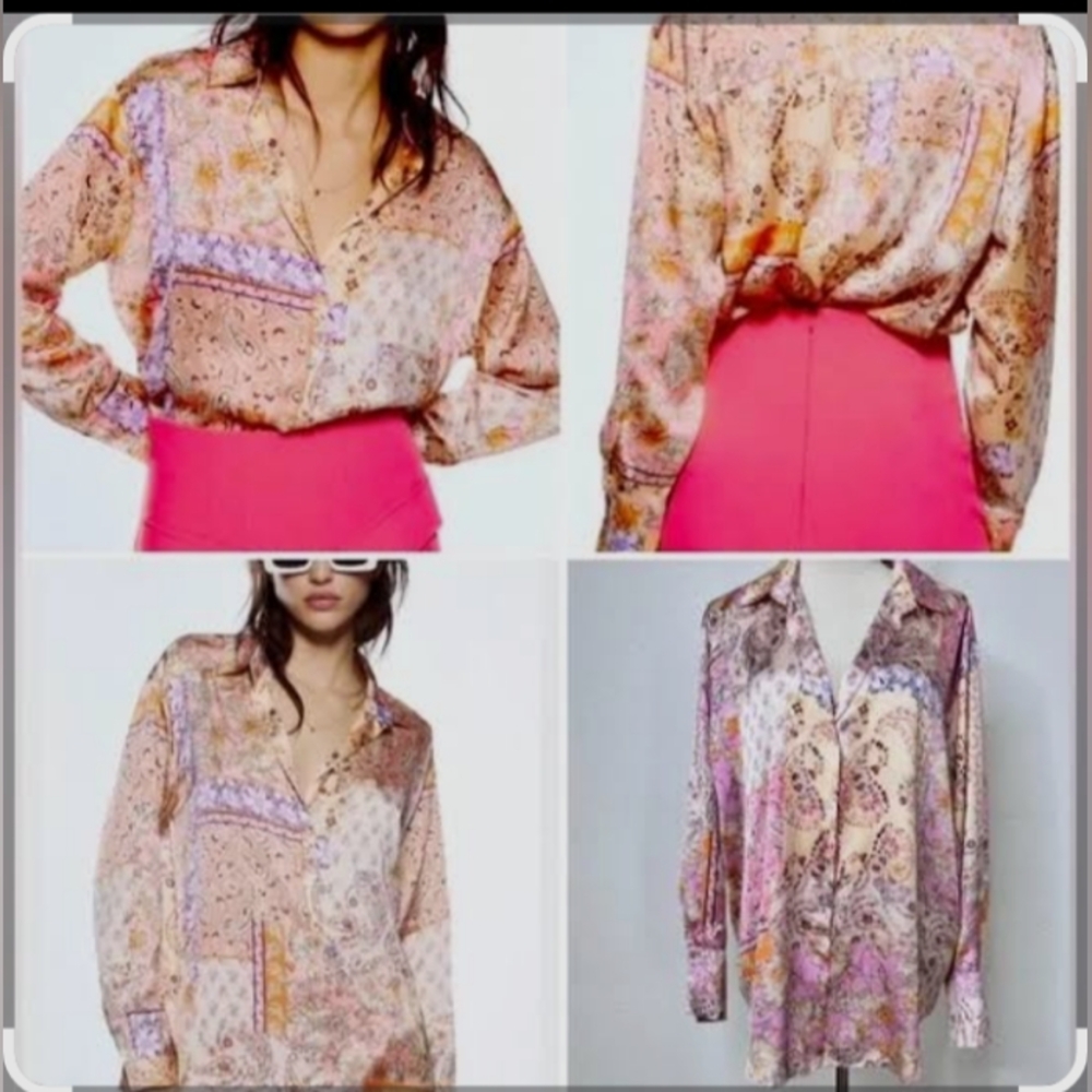 Zara, Satin, Long Sleeve Notched Collar Blouse, Size Small - Picture 2 of 3